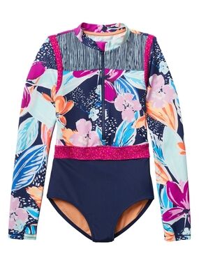 Athleta Girls' Floral Long-Sleeve One-Piece Swimsuit - Navy, Pink & Aqua